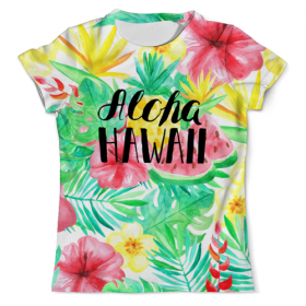 full_print_tee с принтом Aloha Hawaii в Ульяновске, Футболка с нанесением полноцветного изображения по всей поверхности может быть выполнена в двух вариантах - ХЛОПОК и СИНТЕТИКА. | Хлопок - ткань из 100% хлопка высшего качества пенье.  <br>Синтетика - ткань с высоким содержанием синтетического волокна (до 80%).  Материал хорошо тянется, имеет приятную на ощупь фактуру | 