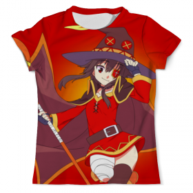 full_print_tee с принтом Мегумин. KonoSuba в Ульяновске, Футболка с нанесением полноцветного изображения по всей поверхности может быть выполнена в двух вариантах - ХЛОПОК и СИНТЕТИКА. | Хлопок - ткань из 100% хлопка высшего качества пенье.  <br>Синтетика - ткань с высоким содержанием синтетического волокна (до 80%).  Материал хорошо тянется, имеет приятную на ощупь фактуру | 