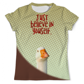 full_print_tee с принтом Just believe in yourself в Ульяновске, Футболка с нанесением полноцветного изображения по всей поверхности может быть выполнена в двух вариантах - ХЛОПОК и СИНТЕТИКА. | Хлопок - ткань из 100% хлопка высшего качества пенье.  <br>Синтетика - ткань с высоким содержанием синтетического волокна (до 80%).  Материал хорошо тянется, имеет приятную на ощупь фактуру | 