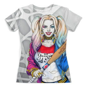 full_print_woman_tee с принтом Harley Quinn Design в Ульяновске, Футболка с нанесением полноцветного изображения по всей поверхности может быть выполнена в двух вариантах - ХЛОПОК и СИНТЕТИКА. | Хлопок - ткань из 100% хлопка высшего качества пенье.  <br>Синтетика - ткань с высоким содержанием синтетического волокна (до 80%).  Материал хорошо тянется, имеет приятную на ощупь фактуру | 