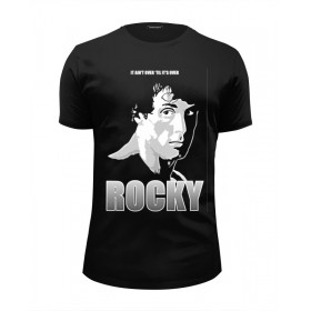 Мужская футболка Premium с принтом Rocky Balboa в Ульяновске, Белый, черный, серый меланж, голубой: 100% хлопок, плотность 160 гр. Остальные цвета: 92% хлопок, 8% лайкра, плотность 170-180гр. |  | Тематика изображения на принте: 